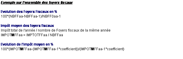 Text Box: Exemple sur l'ensemble des foyers fiscaux

Evolution des Foyers Fiscaux en %
100*(NBFFaa-NBFFaa-1)/NBFF0aa-1

Impt moyen des foyers fiscaux
Impt total de l'anne / nombre de Foyers fiscaux de la mme anne
IMPOTMFFaa = IMPTOTFFaa / NBFFaa

Evolution de l'impt moyen en %
100*(IMPOTMFFaa-(IMPOTMFFaa-1*coefficient))/(IMPOTMFFaa-1*coefficient)